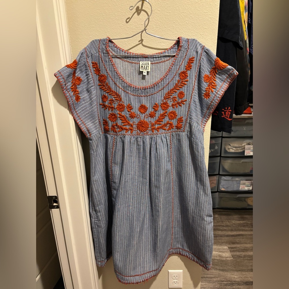 Sister Mary Blue Cotton Stripe Mexican Dress with Orange Hand Embroidery Size XL